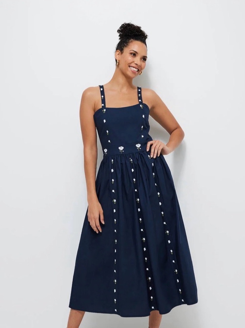 Fanm Mon Hulya Embroidered Navy Midi Dress with White Floral Embroidery